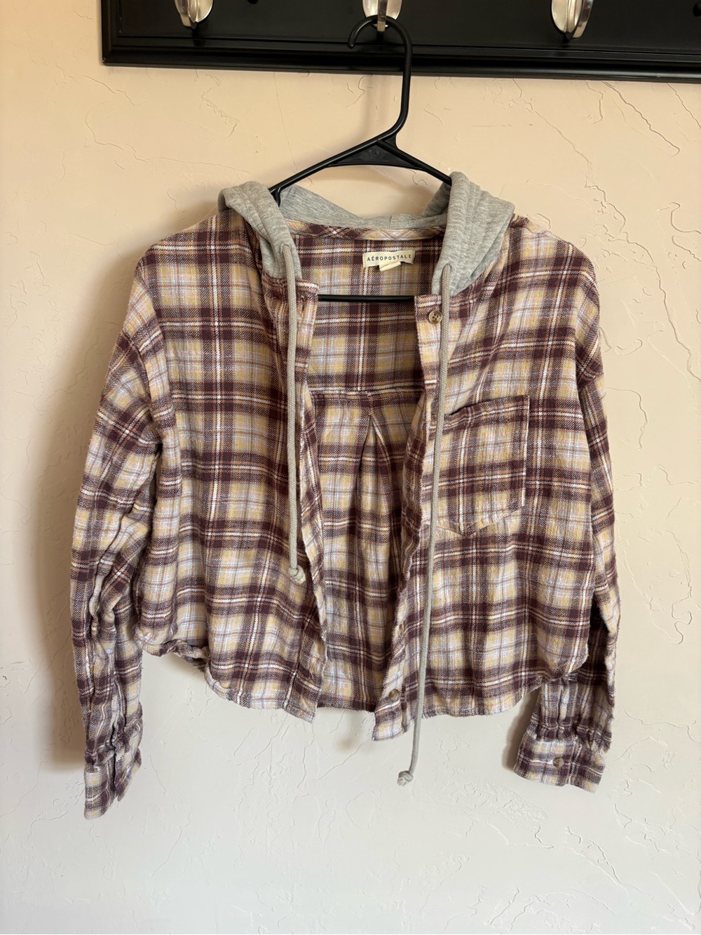 Aeropostale Mauve and Cream Plaid Hooded Flannel Jacket
